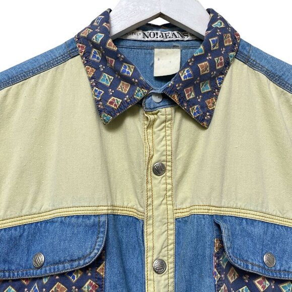 Vintage Denim Shirt Large Patchwork Western Snap Buttons Blue Womens Button Up - Picture 6 of 13